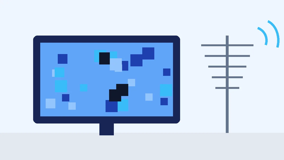 Ilustración de un televisor con la imagen pixelada y una antena de TDT